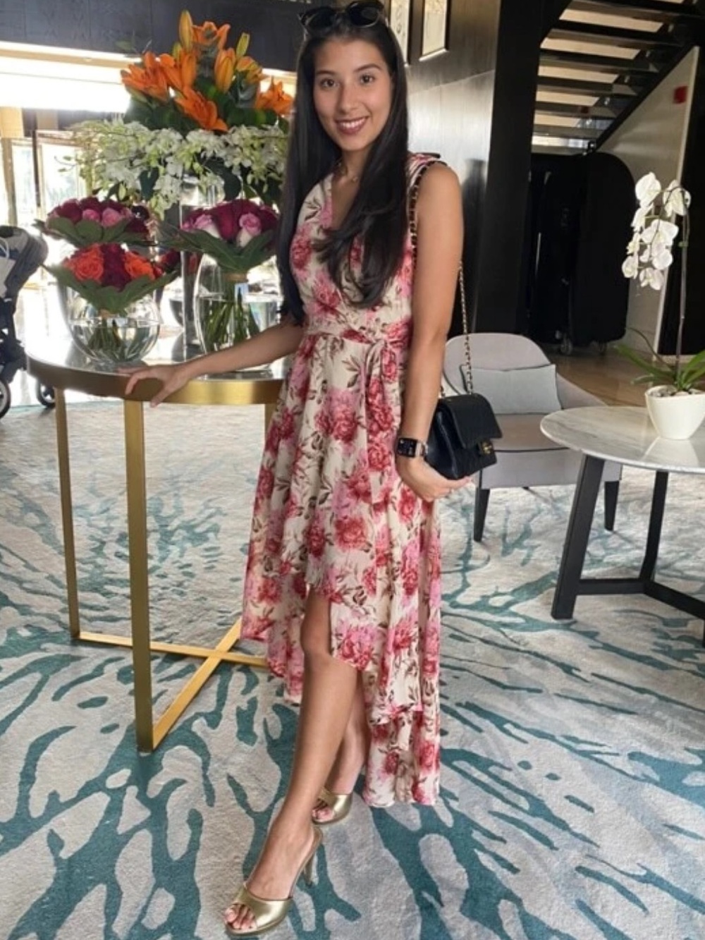 High-Low V-neck Floral Chiffon Extra Long Formal Dress with Tie Bow Belt in Pink - Picture 3 of 8